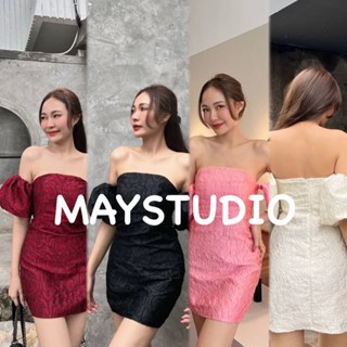 MAYSTUDIO เดรสสั้นเกาะอก แขนตุ๊กตาพอง ซิปหลัง+ยางยืดผ้านูนสวยมากค้า