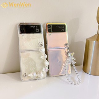 Wenwen เคสโทรศัพท์มือถือ แบบฝาพับ ลายหมี หัวใจ พร้อมสายโซ่คล้อง หลากสี สําหรับ Samsung Z Flip4 Z Flip3 Z Flip2 Z