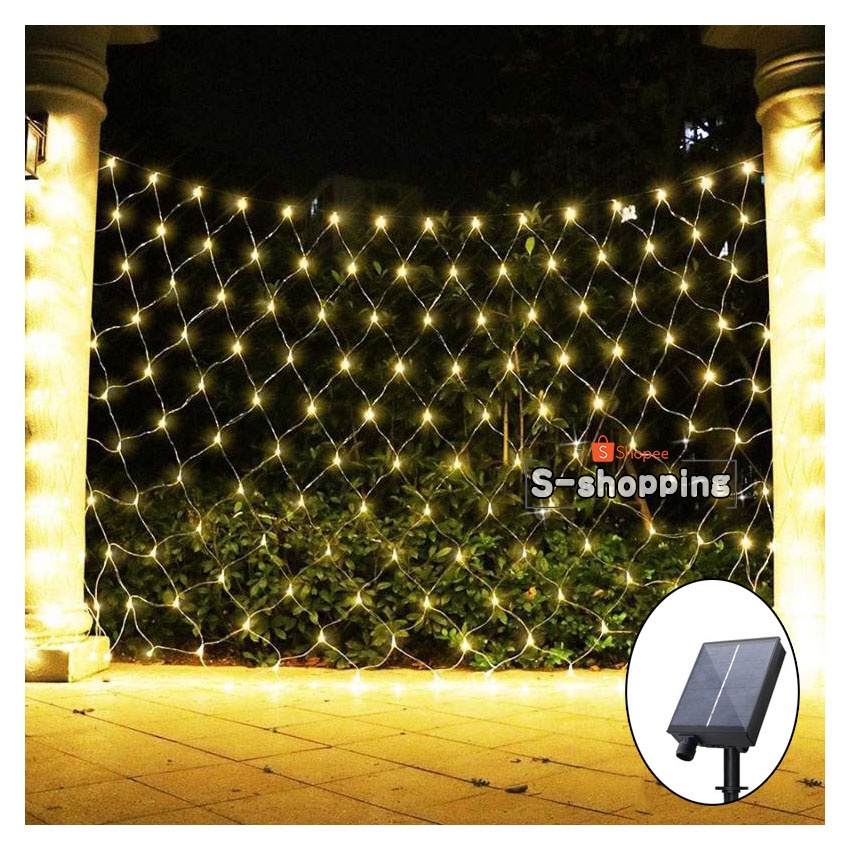 SALEมีตำหนิ--ไฟเหลือง ไฟตาข่าย x-led 3x2m 192 LED 8โหมด ไฟตกแต่งบ้าน ใช้พลังงานแสงอาทิตย์โซล่าเซลล์ เพิ่มความสวยงาม