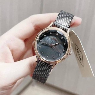 (ผ่อน0%) นาฬิกา Fossil Laney Three-Hand Smoke Stainless Steel Womens Mesh Watch Bq3393 ✔️ขนาด 34 มม. สายสแตนเลส สีรมดำ