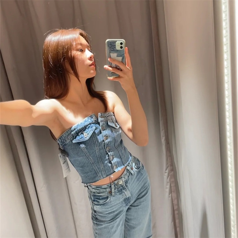 Hitpop-ผู้หญิงเสื้อกั๊กยีนส์,ปิดไหล่street Casual Party Street Fall Buttons Short Wrap Chest Vest