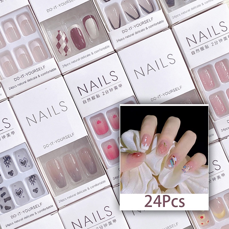 24Pcs/Box Fake Nails Long Fake Nail for Kids with Design for Kids Girl