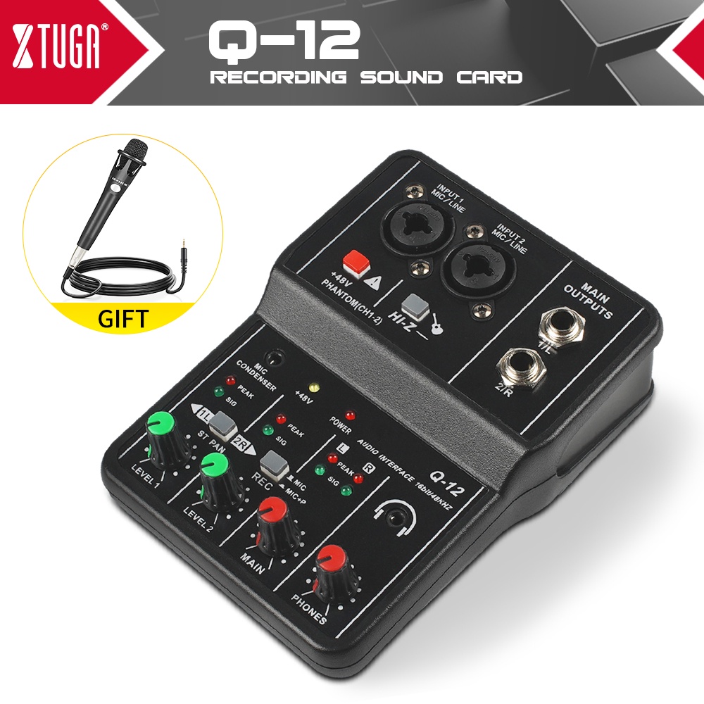XTUGA Q12 Audio Interface Sound Card with Monitoring,Electric Guitar Live Recording Professional