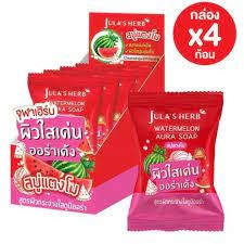 (ยกกล่อง/4ก้อน) Julas Herb Watermelon Aura Soap 70g จุฬาเฮิร์บ วอเตอร์เมล่อน ออร่า โซป สบู่แตงโมหน้าเนียน