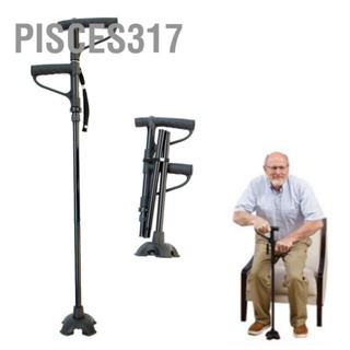 Pisces317 Walking Stick 2 Handle 4 Support Foots Aluminum Alloy Folding Cane with Light