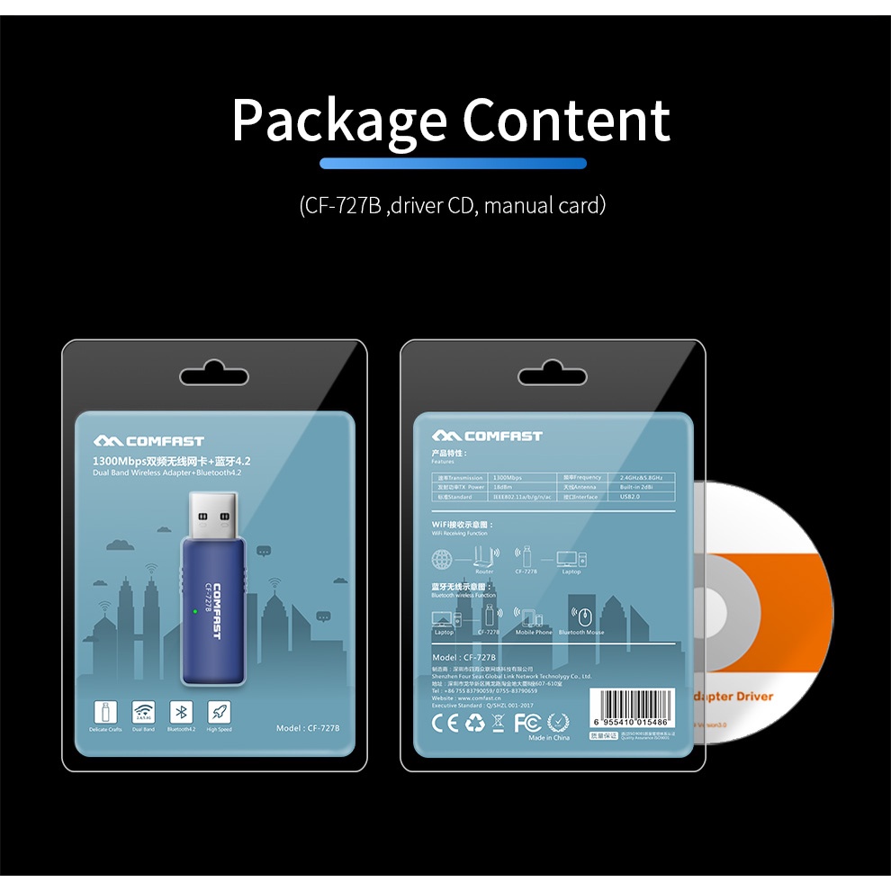 Comfast ตัวรับสัญญาณ wifi pc 5g bluetooth ตัวรับสัญญาณ wifi Usb wifi 727B Wifi 5