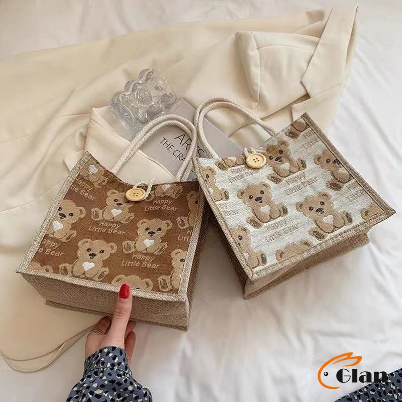 Glanxuan กระเป๋าผ้าลินิน กระเป๋าถือ กระเป๋าพิมลาย tote bag