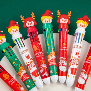 10 in 1 Merry Christmas Series ปากกาลูกลื่น สีสันสดใส ปลายกระสุน ปากกาลูกลื่น พับเก็บได้ สําหรับเด็ก