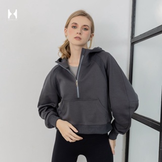 HOURGLASS ACTIVE oversized half-zip cropped hoodies เสื้อฮู้ดครอป ซิปครึ่งตัว สีเทาเข้ม