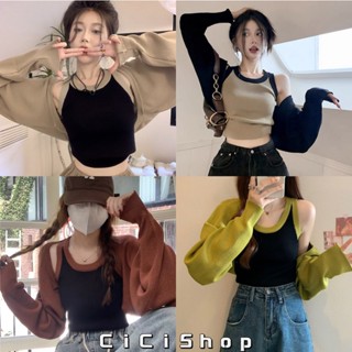 Cicishop(39133/39133-1)SET 2ชิ้น สายเดี่ยว+เสื้อคลุมแขนยาวไหมพรม สีตัดขอบ เข้ารูปยืดหย่นได้สไตล์เกาหลีมาก