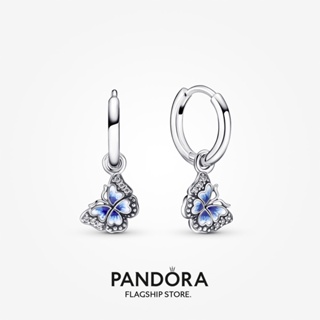 Pandora ต่างหูห่วง รูปผีเสื้อ สีฟ้า ของขวัญคริสต์มาส พรีเมี่ยม e1027