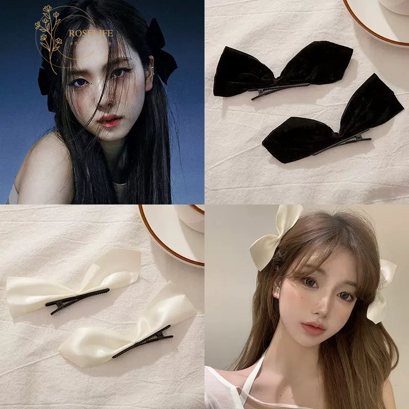 Roselife กิ๊บติดผม รูปโบว์ 3D สีเบจ สีดํา สไตล์เกาหลี สําหรับผู้หญิง 2 ชิ้น