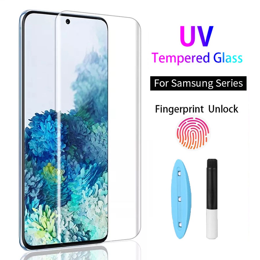 รองรับลายนิ้วมืออย่างเต็มที่ ฟิล์มกระจก UV กระจกนิรภัย เต็มจอ สำหรับ Samsung Galaxy Note 20 10 9 8 S22 S21 S20 S10 S9 S8 Plus Ultra ฟิล์มกระจก Samsung UV Glass Film
