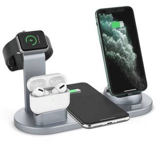 NEWMINE แท่นชาร์จไร้สาย 6 In 1 Wireless Charger 10/15W แท่นชาร์จไร้สายตั้งโต๊ะ for Watch Airpods โทรศัพท์มือถือ