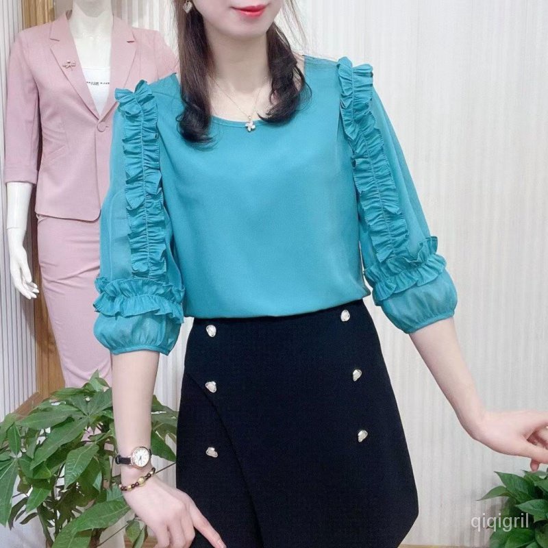 เสื้อชีฟองแขนเจ็ดส่วนผู้หญิง เสื้อผ้าแฟชั่น หลวม สวมใส่สบาย