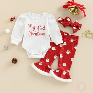 LAA6-Baby Girls Christmas Pants Set, Long Sleeve Letters Print Romper + Santa Claus Print Flare Pants + Bowknot Headband