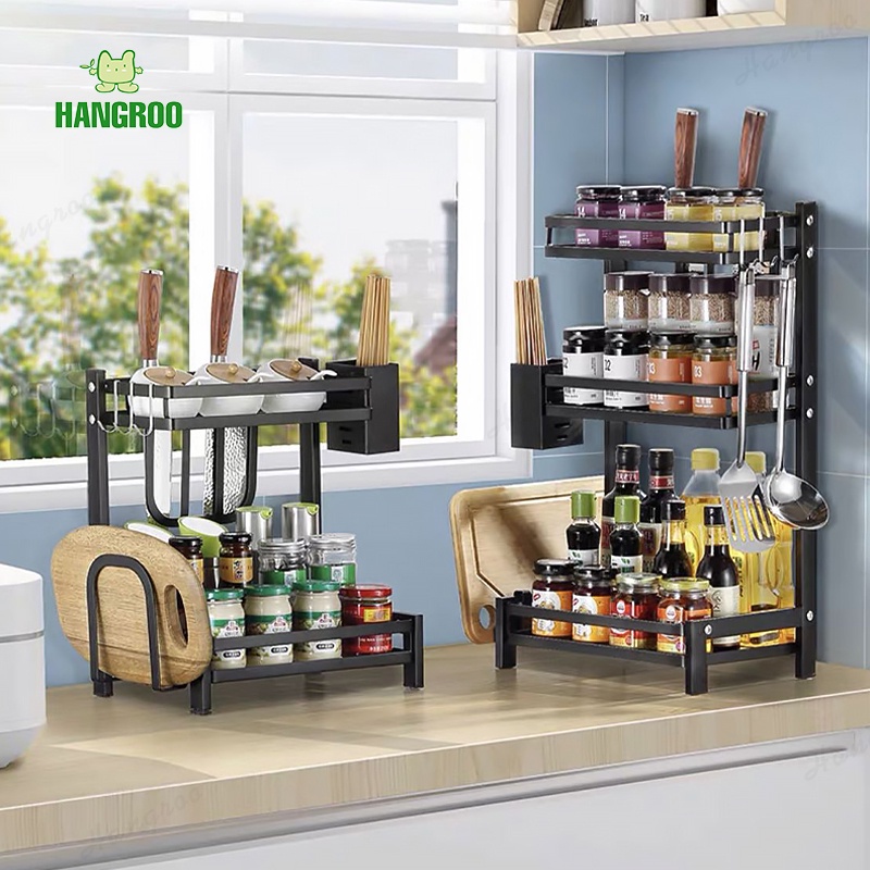 HANGROO CF102 ชั้นวางเครื่องปรุง 2/3ชั้น สแตนเลสเคลือบสีดำ มีที่วางเขียงและที่วางมีด