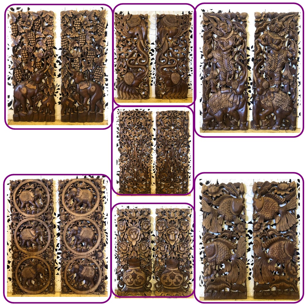 แผ่นไม้แกะสลัก ไม้ฉลุติดผนัง ไม้สัก ขนาด 35x90 cm.ของตกแต่งฝาผนัง ตกแต่งบ้าน โรงแรม วัด (มี 7 แบบให้เลือก)