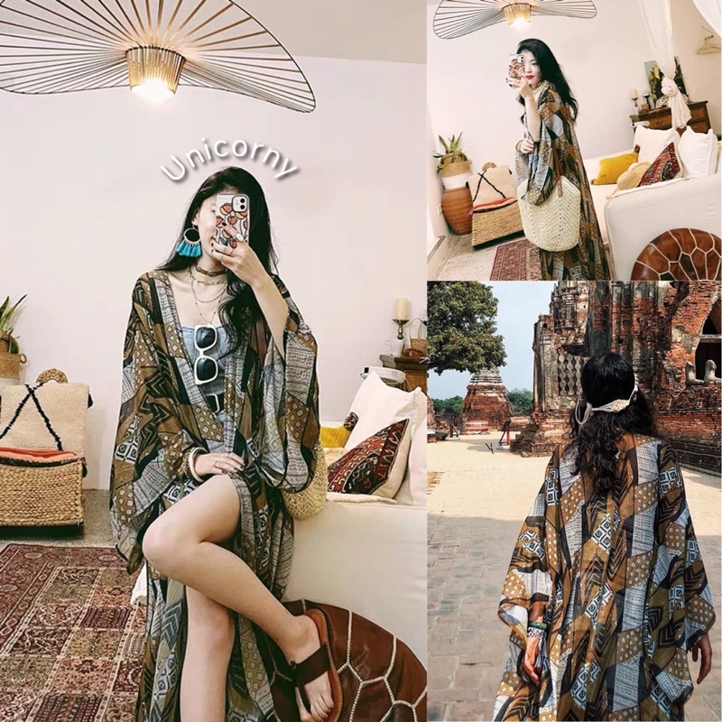 🍂พร้อมส่ง เสื้อคลุมโบฮีเมียน🍂 เสื้อคลุมยาวผ้าชีฟองเนื้อพริ้วใส่สบาย ทรงโอเวอร์ไซส์ ใส่ได้ชายหญิง เสื้อคลุมชิคๆ Unicorny