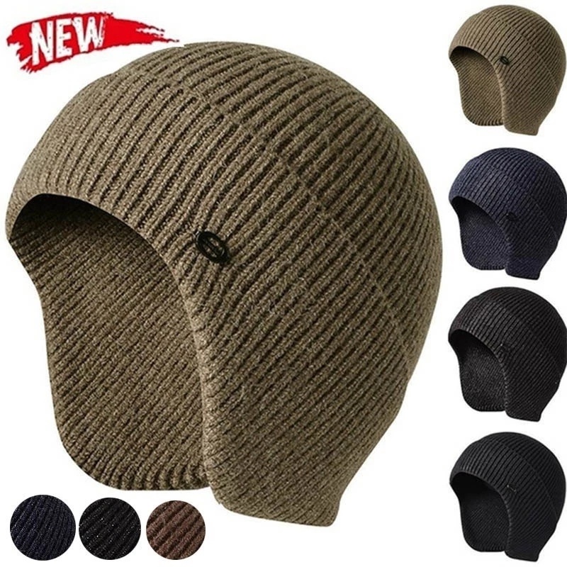 ผู้ชายผู้หญิงหมวกฤดูหนาวถักทําด้วยผ้าขนสัตว์ Beani หมวก Earmuff ป้องกันหูอุ่นความร้อนขี่จักรยานหมวกสกี