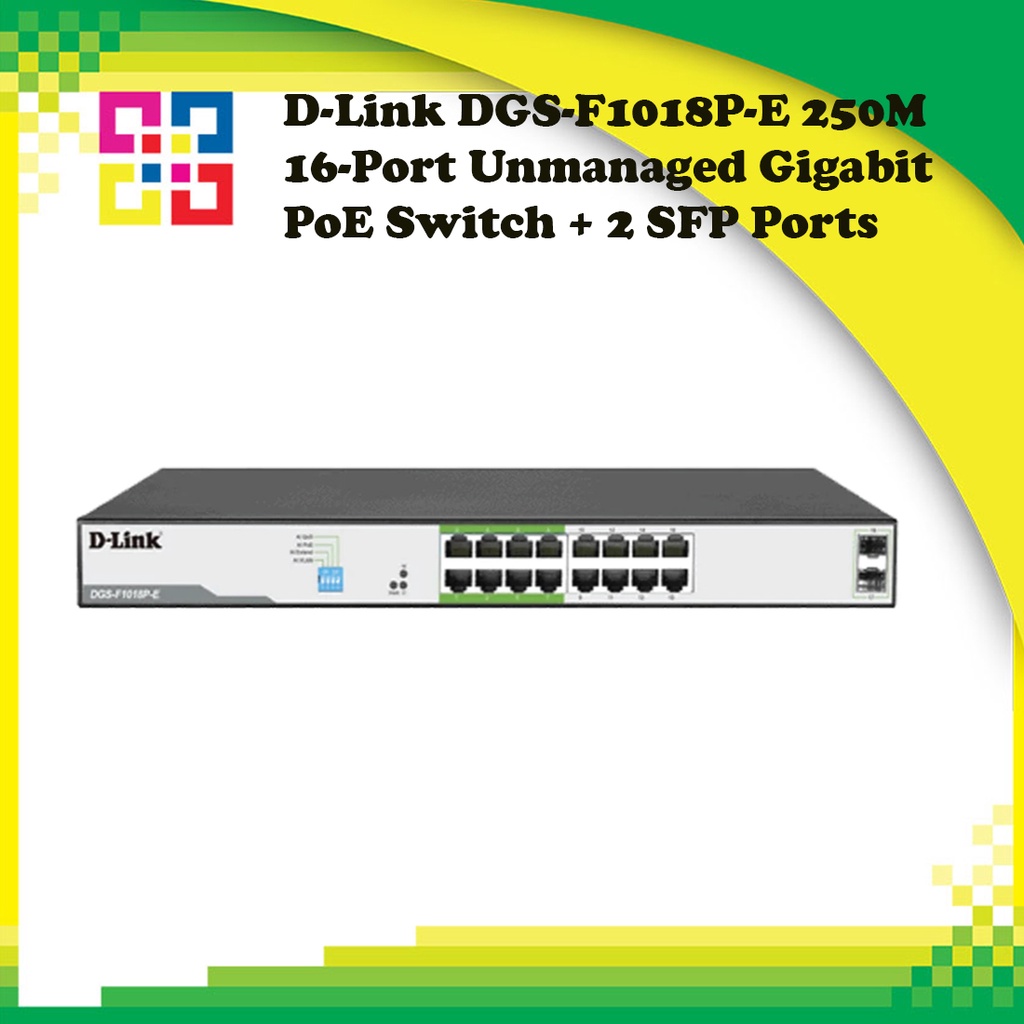 D-Link DGS-F1018P-E 250M 16-Port Unmanaged Gigabit PoE Switch + 2 SFP Ports