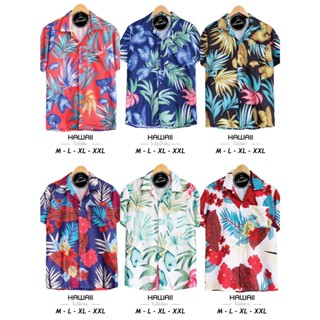 เสื้อฮาวาย hawaii เชิ้ตเกาหลี สินค้ามาใหม่ ลายใบไม้ดำเหลือง ผ้านิ่มขึ้น สไตล์เกาหลีมาแรง