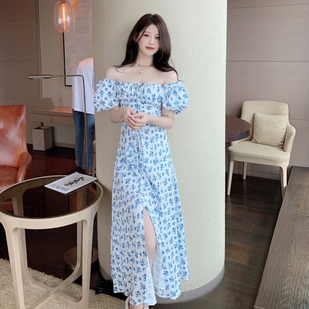 ราคาถูกที่สุด ชุดเดรสยาวแฟชั่นผญ แขนสั้นตุ๊กตาคอกว้าง สีขาวลายดอกน้ำเงิน แต่งผ่าหน้า