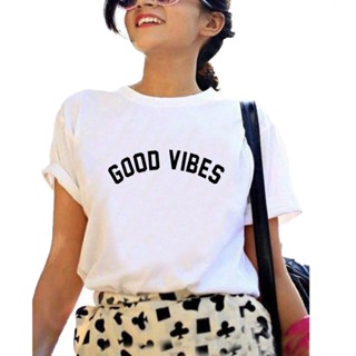 เสื้อยืดสีขาว Good Vibes ตลกเสื้อยืดผู้หญิงด้านบน O-คอหลวมสีดําสีขาวเสื้อยืดผู้หญิงลําลองฤดูร้อนเสื้อยืดเสื้อ Femme