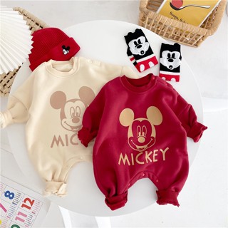 ชุดจั๊มสูทแขนยาว ลาย Mickey Mouse สีแดง แฟชั่นฤดูใบไม้ร่วง และฤดูหนาว สําหรับเด็ก อายุ 0-2 ปี