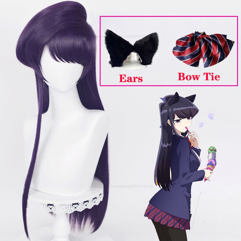 Komi Shouko Komi คอสเพลย์วิกผมอะนิเมะ Komi ไม่สามารถสื่อสาร 80 ซม.สีม่วงสีดําผมหู Bow Tie Komi san W