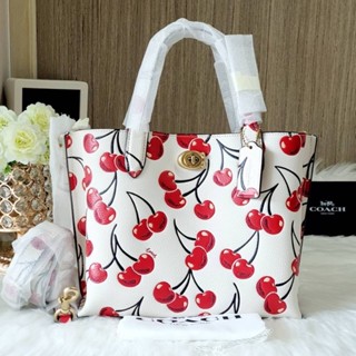 (ผ่อน0%) กระเป๋าสะพายข้าง COACH CA111 Willow Tote 24 With Cherry Print  สีขาว พิมพ์ลายเชอรี่สีแดง