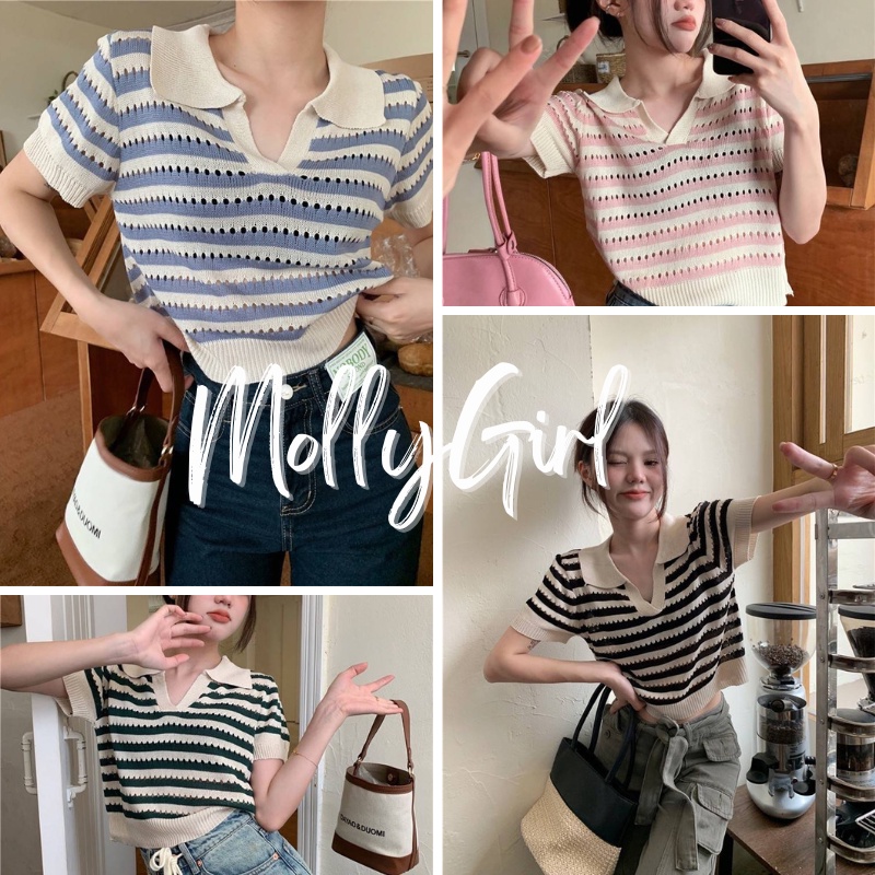 mollygirl เสื้อยืด ผญสวย ๆ เสื้อครอปคอปก เสื้อแฟชั่นผญ