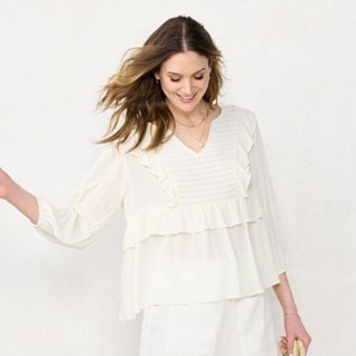 เชิ้ตแขนยาว คอเหลี่ยมวี แต่งระบาย ผ้านิ่มพริ้ว ใส่สบาย ทรง oversize Lauren Conrad Smocked Ruffle Blouse