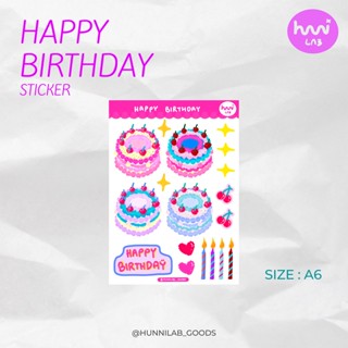 hunni lab - สติกเกอร์ Happy Birthday Sticker ขนาด A6 สติกเกอร์ใสพิมพ์ทึบ ขอบใส