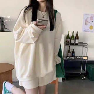 ชุดกีฬา เสื้อสเวตเตอร์แขนยาว กางเกงขาสั้น วาฟเฟิล แฟชั่นสําหรับสตรี สองชิ้น
