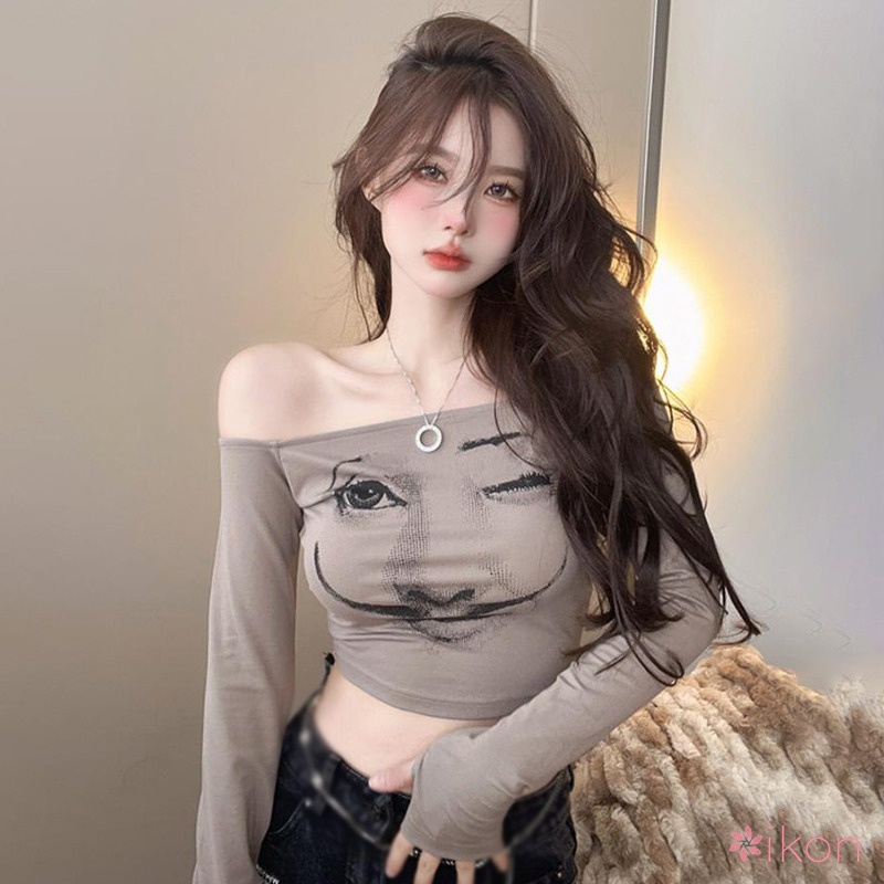 เสื้อครอปท็อปแขนยาว เปิดไหล่ พิมพ์ลาย สไตล์เกาหลี สําหรับผู้หญิง