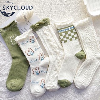 Skycloud ถุงเท้าข้อยาว ผ้าฝ้าย 100% ลายกระต่ายน่ารัก เข้ากับทุกการแต่งกาย แฟชั่นสําหรับผู้หญิง