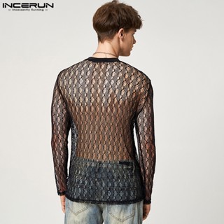 Incerun เสื้อยืดลําลอง แขนยาว คอกลม ผ้าตาข่าย ฉลุลาย สําหรับผู้ชาย