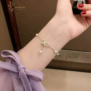 Roselife เกาหลีทอง CZ เซอร์โคเนียโบว์เสน่ห์สร้อยข้อมือลูกปัดมุกสําหรับผู้หญิงสาวสร้อยข้อมือกุทัณฑ์เครื่องประดับ