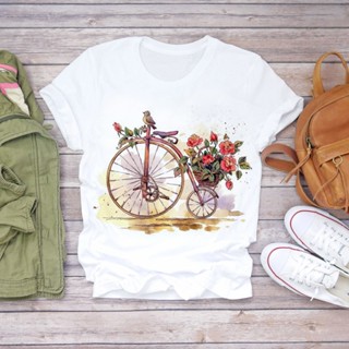 เสื้อผ้าแฟชั่น เสื้อยืด พลัสไซส์ผู้หญิงเสื้อยืดแฟชั่นจักรยานพิมพ์เสื้อยืดผู้หญิง o คอแขนสั้นฤดูร้อนเสื้อยืดท็อปส์ซูสบาย