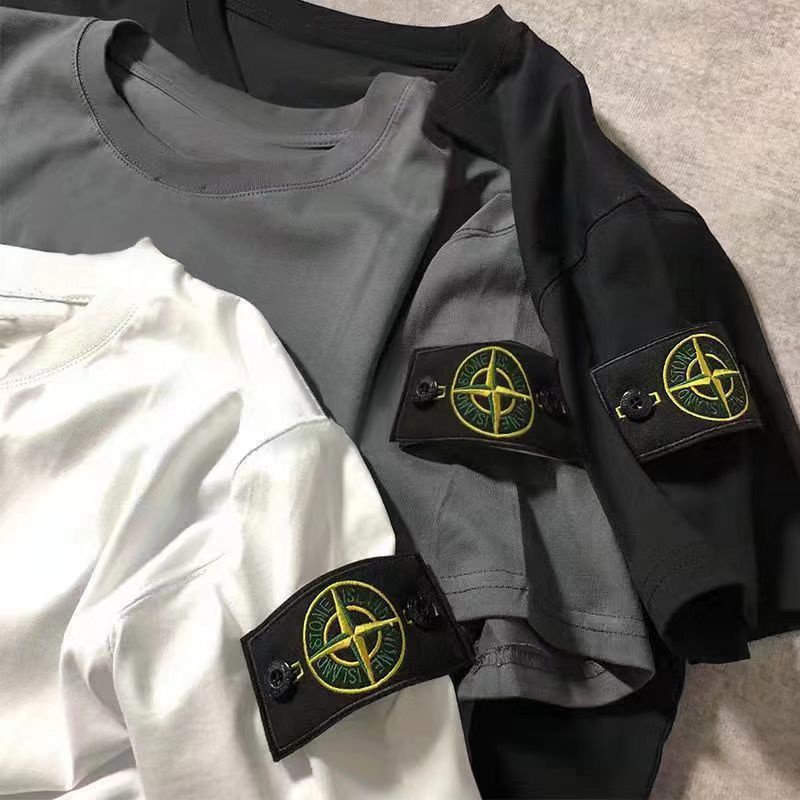 STONE ISLAND หินเกาะหินเกาะสีทึบเข็มทิศแขนแขนแขนสั้นเสื้อยืดน้ําแบรนด์ผู้ชาย & 39;s และผู้หญิง & 39;s Crewneck คู่เสื้อยืด