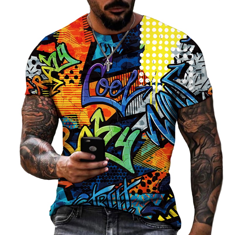 เสื้อยืด พิมพ์ลายการ์ตูนกราฟฟิติ ตัวอักษรศิลปะนามธรรม แนวสตรีท แฟชั่นฤดูร้อน สําหรับผู้ชาย