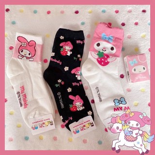 3 pairs Japanese Style Cartoon Socks Sanrio Kulomi Melody Cartoon Pink Cotton Socks Cute Soft Straight Female Socks Lace Half Calf