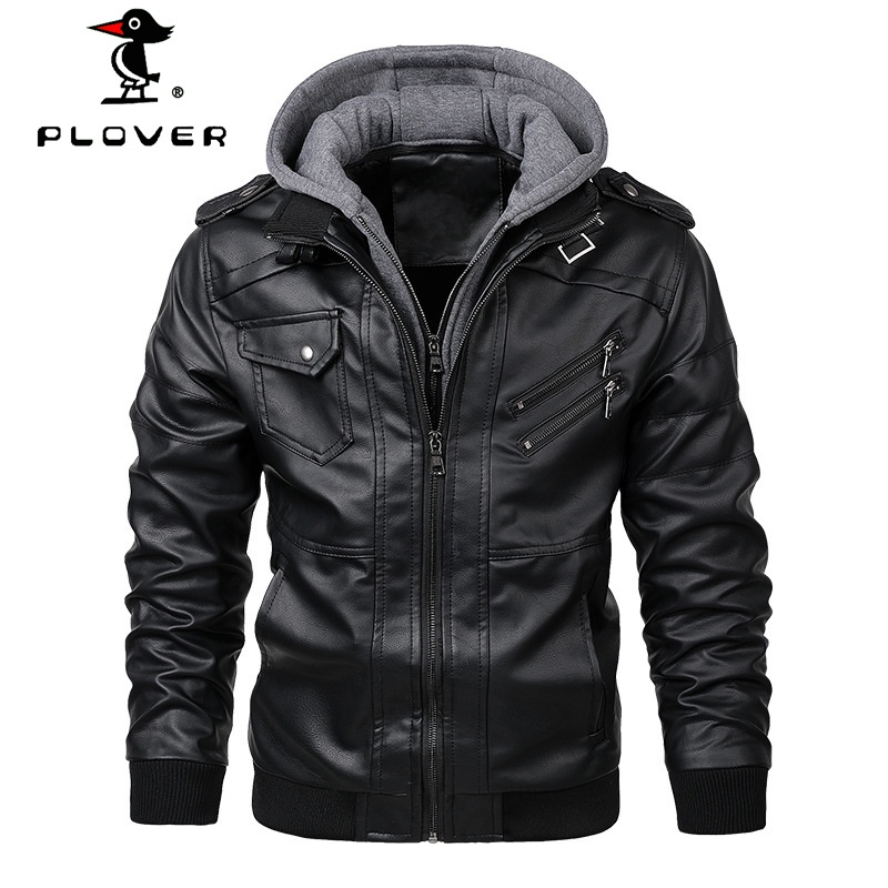 PLOVER เสื้อแจ็กเก็ตหนังสังเคราะห์ มีฮู้ด สีพื้น พลัสไซซ์ แฟชั่นฤดูใบไม้ร่วง และฤดูหนาว สําหรับผู้ชาย