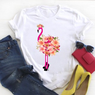 เสือยืดผู้ชาย Camiseta con estampado de flamencos y flores para mujer, camiseta elegante con estampado de playa para muj