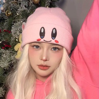 Cute Pink Hat for Girls Embroidery Wool Hat Emoji Kirby Powder with Ear Protection Funny Knitted hat