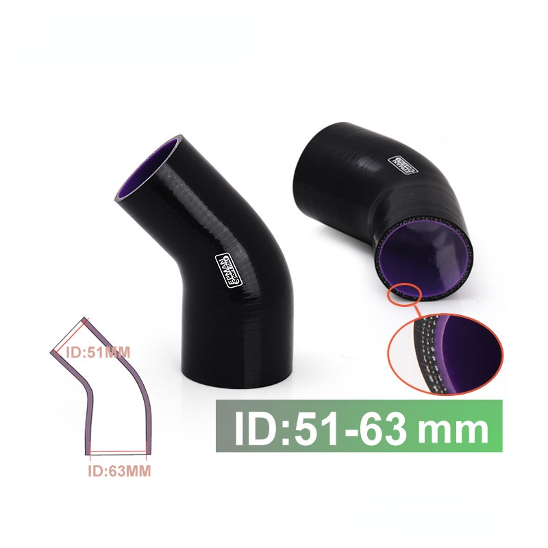 2"-2.5" 51mm-63mm 4-Ply ซิลิโคน 45 องศาข้อศอกลดท่อสีดําสําหรับ BMW E36 M/325i/ is/ iX M50 92-99