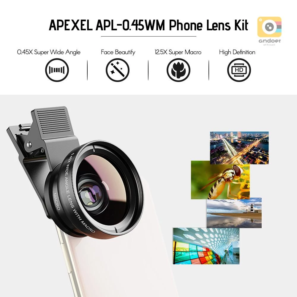 Apexel APL-0.45WM ชุดเลนส์กล้อง มุมกว้างมาก 0.45X และเลนส์มาโคร 12.5X HD พร้อมคลิปเลนส์ สําหรับสมาร์ทโฟน iPhone Samsung Huawei Xiaomi thumbnail 4