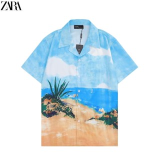 4810 zara เสื้อเชิ้ต แขนสั้น พิมพ์ลายดาว สีฟ้า แฟชั่นสําหรับผู้ชาย ผู้หญิง