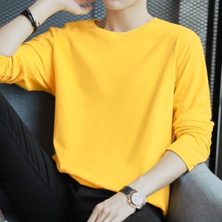 เสื้อยืดแขนยาว คอกลม ผ้าเรยอน สีเหลือง แฟชั่นฤดูใบไม้ร่วง สําหรับผู้ชาย